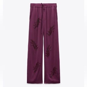 Zara NWT Embroidered Dark Purple Pants Size XL.